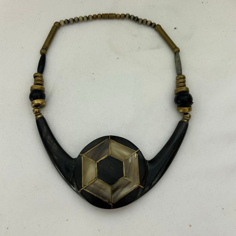 Artisan wood Statement Necklace Black Brown Geometric Inlay Tribal Boho 20”